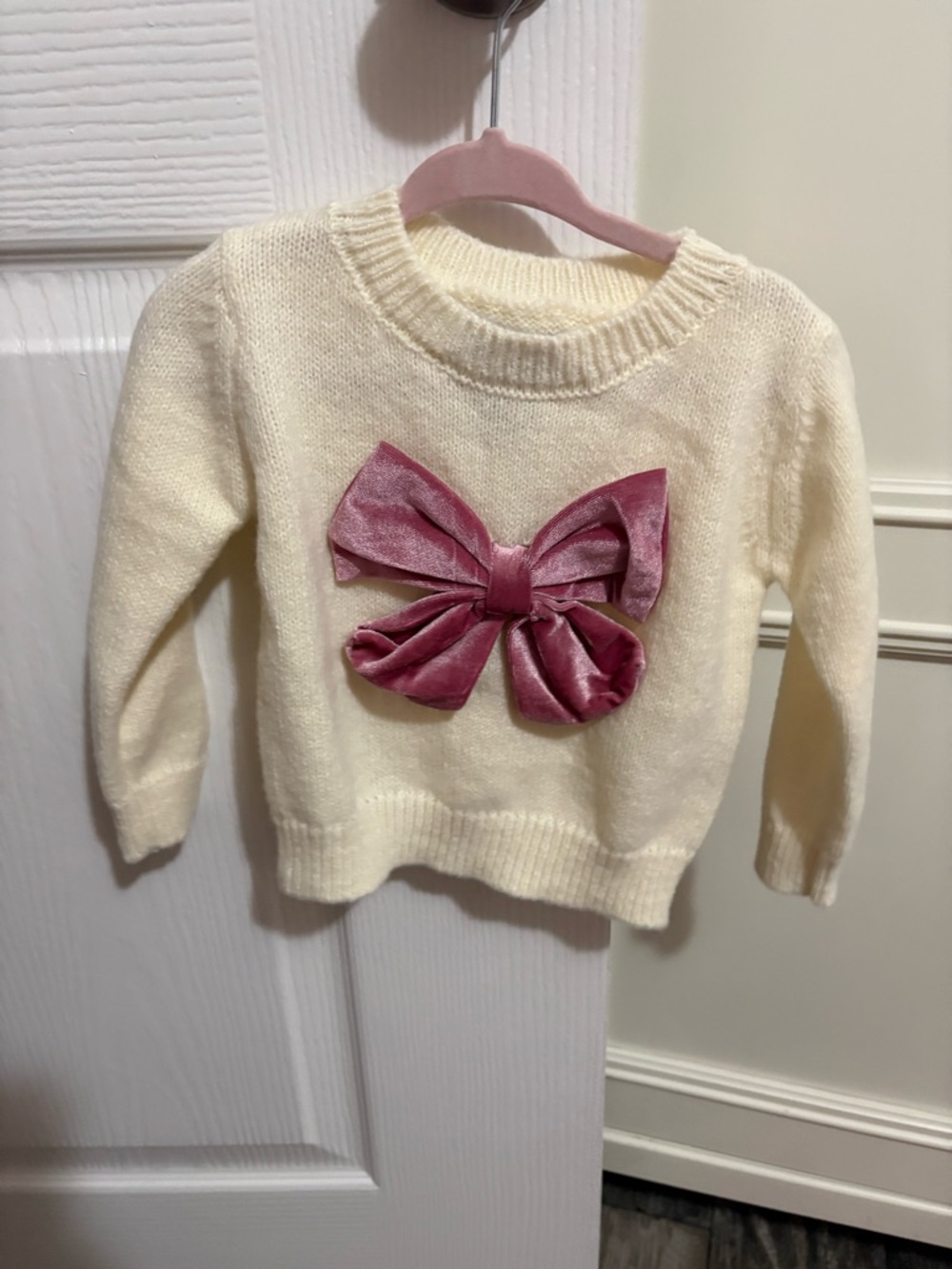 Toddler Cream Knit Sweater with Pink Velvet Bow
